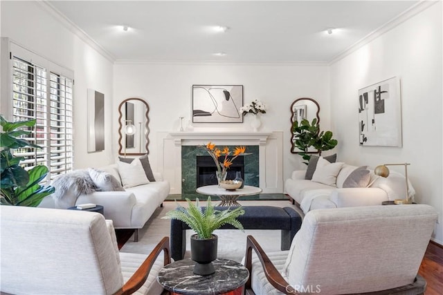 living area featuring ornamental molding, wood finished floors, and a fireplace