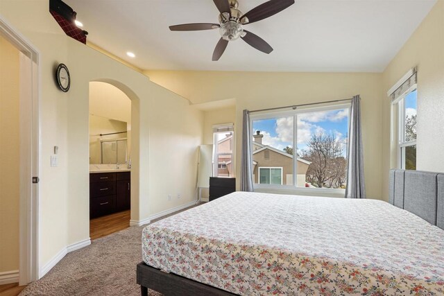 11869 Spruce Run Dr Unit B, San Diego, CA 92131 - bedroom featuring arched walkways, carpet flooring, multiple windows, vaulted ceiling, and recessed lighting
