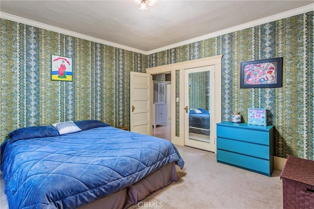 carpeted bedroom featuring wallpapered walls, french doors, access to outside, and crown molding