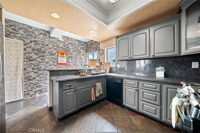 1010 W Wilson St, Pomona, CA 91768 - kitchen with a sink, stone tile floors, gray cabinetry, crown molding, and dishwasher