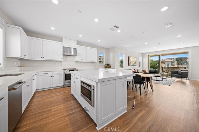 248 Keeper, Irvine, CA 92618 - kitchen featuring a center island, open floor plan, appliances with stainless steel finishes, under cabinet range hood, and a breakfast bar area