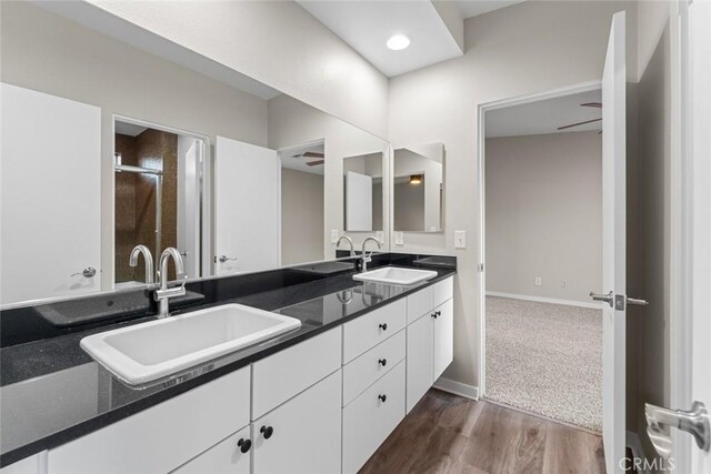 bathroom with a sink, double vanity, and a stall shower