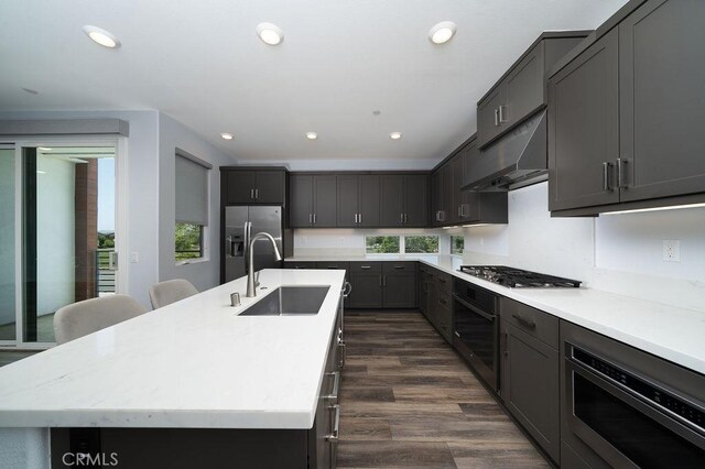430 Transport, Tustin, CA 92782 - kitchen featuring a sink, appliances with stainless steel finishes, under cabinet range hood, dark wood-style flooring, and light countertops