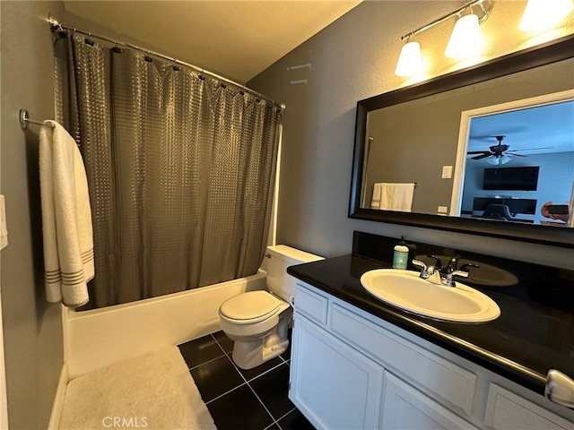 bathroom featuring tile patterned flooring, shower / bathtub combination with curtain, vanity, and toilet