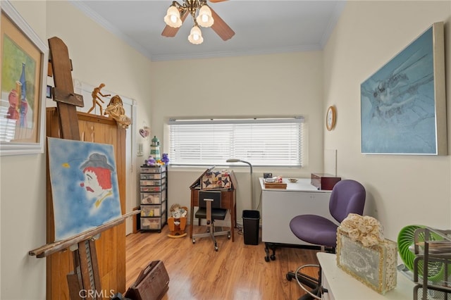 30594 Longhorn Dr, Canyon Lake, CA 92587 - office space featuring ceiling fan, wood finished floors, and ornamental molding