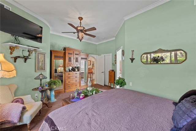 30594 Longhorn Dr, Canyon Lake, CA 92587 - carpeted bedroom with crown molding and ceiling fan