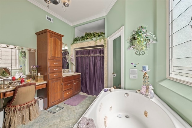 30594 Longhorn Dr, Canyon Lake, CA 92587 - full bathroom with a jetted tub, crown molding, and vanity