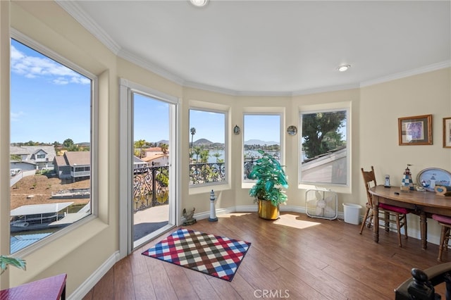 30594 Longhorn Dr, Canyon Lake, CA 92587 - sunroom with wood-type flooring, ornamental molding, baseboards, and recessed lighting