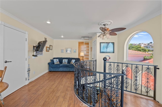 30594 Longhorn Dr, Canyon Lake, CA 92587 - living room featuring ceiling fan, ornamental molding, wood finished floors, recessed lighting, and baseboards