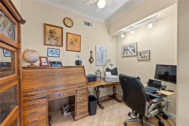 30594 Longhorn Dr, Canyon Lake, CA 92587 - office featuring rail lighting, ceiling fan, baseboards, light wood-style floors, and ornamental molding