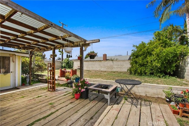wooden terrace with fence and a fire pit