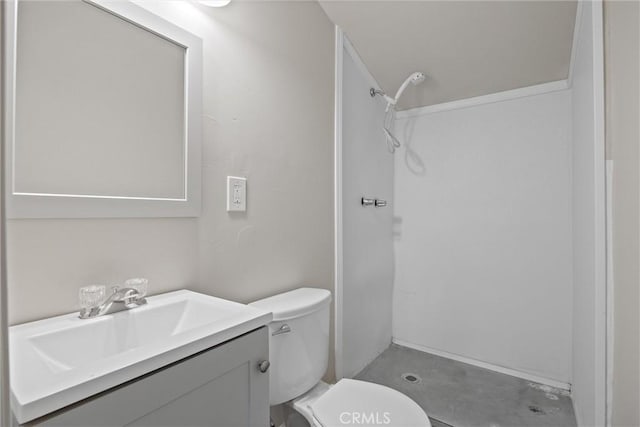 full bath featuring concrete floors, toilet, a stall shower, and vanity