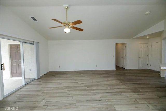 empty room featuring light wood-type flooring, vaulted ceiling, recessed lighting, visible vents, and ceiling fan