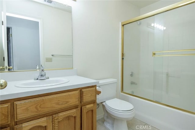 full bath with combined bath / shower with glass door, vanity, visible vents, and toilet
