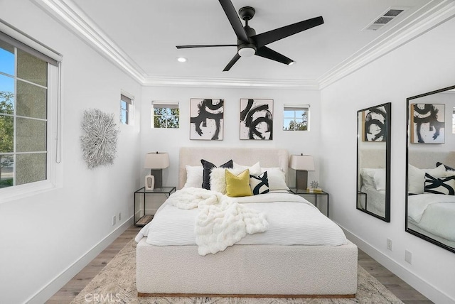 199 Las Flores, Aliso Viejo, CA 92656 - bedroom featuring crown molding, light wood finished floors, baseboards, a ceiling fan, and recessed lighting