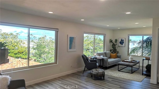 living area featuring wood finished floors, recessed lighting, and baseboards