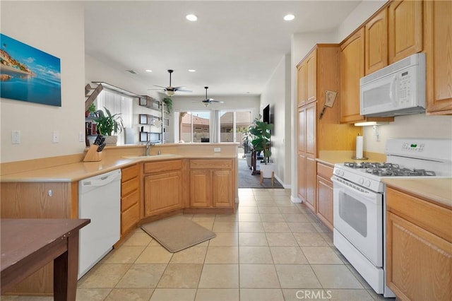 19547 Valley Ct, Apple Valley, CA 92308 - kitchen with white appliances, a peninsula, light countertops, a ceiling fan, and a sink