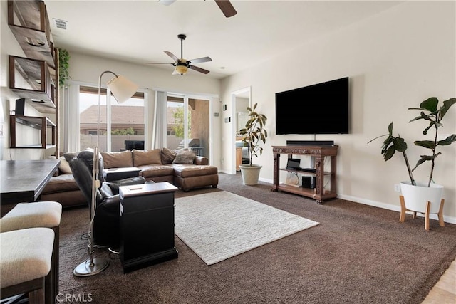19547 Valley Ct, Apple Valley, CA 92308 - living room featuring visible vents, ceiling fan, baseboards, and carpet