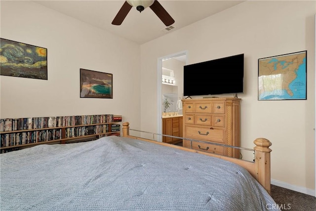 19547 Valley Ct, Apple Valley, CA 92308 - carpeted bedroom featuring visible vents, baseboards, a ceiling fan, and ensuite bathroom