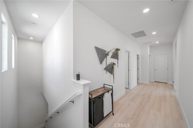 5313 Mariner Ln, Chino, CA 91710 - hallway featuring visible vents, baseboards, an upstairs landing, recessed lighting, and light wood-style flooring