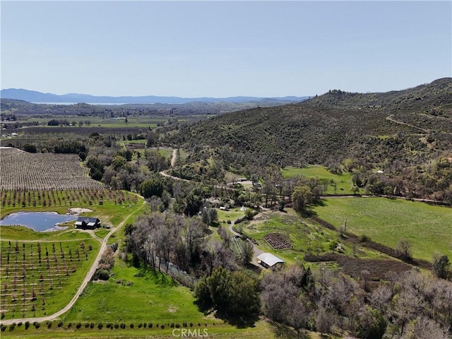 drone / aerial view with a water and mountain view and a rural view