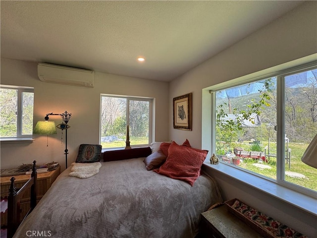 bedroom with multiple windows, a wall mounted AC, and recessed lighting
