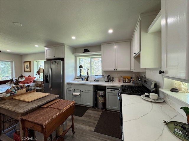 kitchen with appliances with stainless steel finishes, dark wood-style flooring, a sink, and recessed lighting