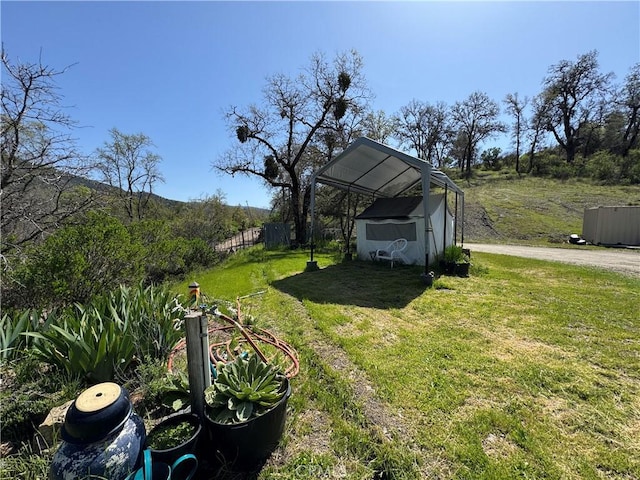 view of yard with a storage shed, an outdoor structure, and fence