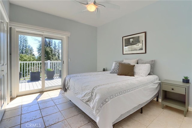 bedroom with baseboards, access to exterior, and a ceiling fan
