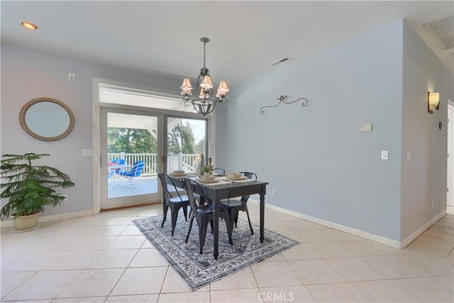 dining room with baseboards, a chandelier, recessed lighting, light tile patterned floors, and visible vents