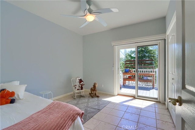 bedroom with light tile patterned floors, baseboards, access to outside, and ceiling fan