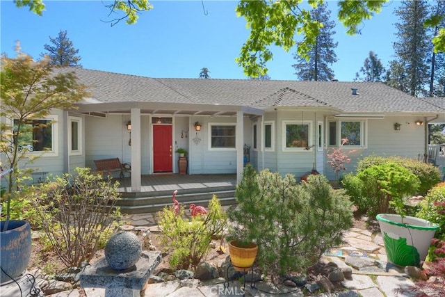 ranch-style house with roof with shingles and covered porch