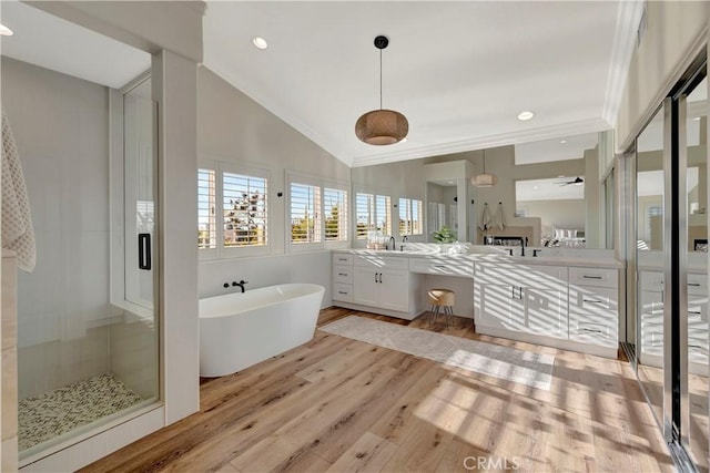 full bathroom featuring a wealth of natural light, a freestanding bath, a shower stall, and wood finished floors