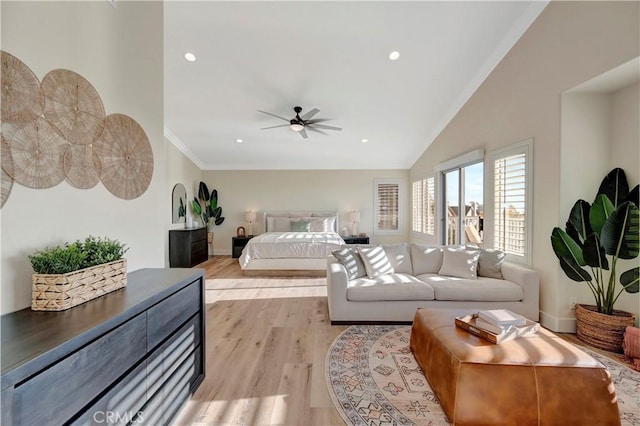 bedroom featuring baseboards, ornamental molding, recessed lighting, a ceiling fan, and light wood finished floors