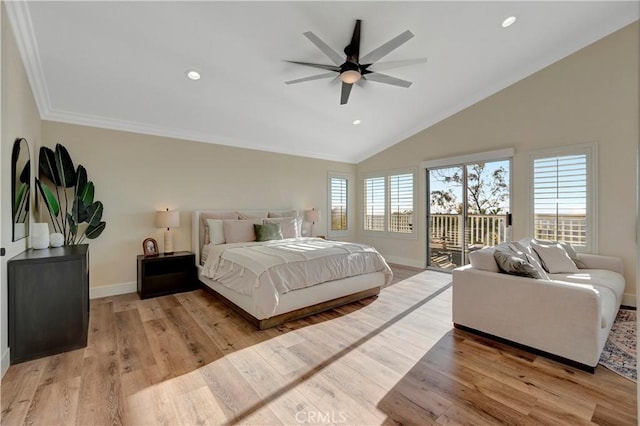 bedroom featuring crown molding, access to exterior, light wood-type flooring, and baseboards