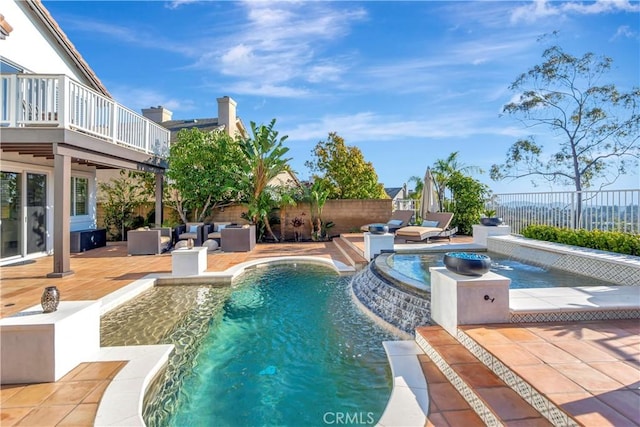 view of swimming pool featuring an outdoor living space, a fenced backyard, a patio, a jacuzzi, and a fenced in pool