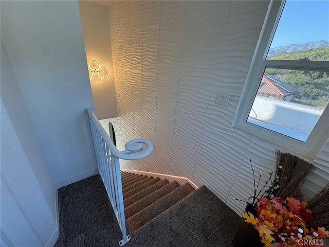 11901 Sunset Ridge Dr, Yucaipa, CA 92399 - stairway with carpet flooring, a mountain view, and baseboards