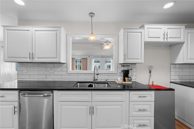 29423 Pebble Beach Dr, Menifee, CA 92586 - kitchen with dishwasher, a ceiling fan, white cabinetry, decorative backsplash, and pendant lighting