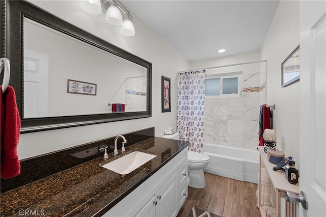 29423 Pebble Beach Dr, Menifee, CA 92586 - bathroom featuring vanity, wood finished floors, shower / bath combination with curtain, and recessed lighting