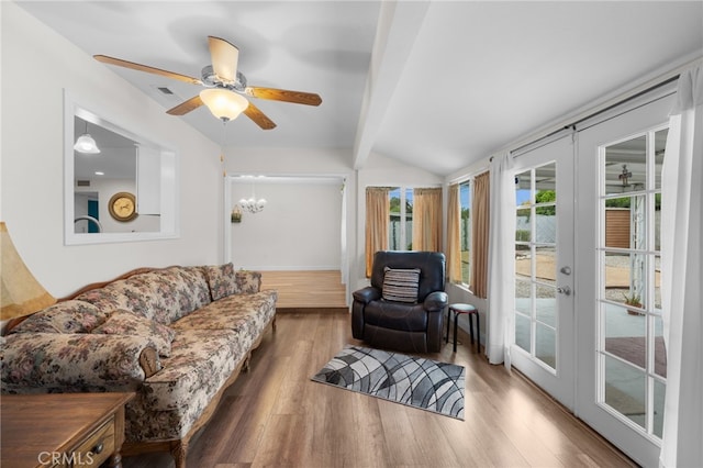 29423 Pebble Beach Dr, Menifee, CA 92586 - living area featuring french doors, wood finished floors, ceiling fan, and a chandelier
