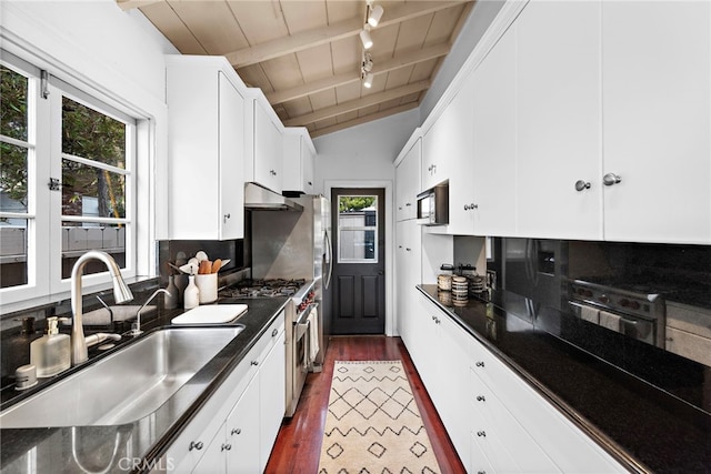 1056 Glenneyre St, Laguna Beach, CA 92651 - kitchen featuring a sink, black microwave, under cabinet range hood, track lighting, and dark wood-style flooring