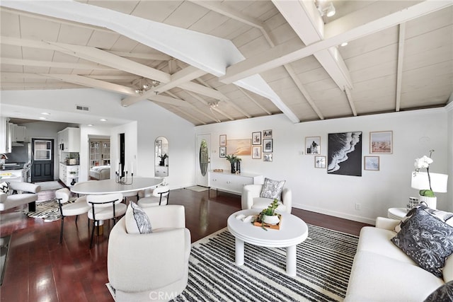 1056 Glenneyre St, Laguna Beach, CA 92651 - living area with dark wood finished floors, wooden ceiling, baseboards, and recessed lighting