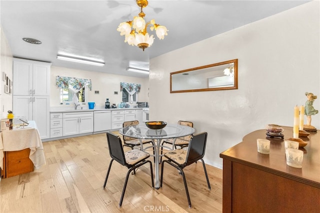 266 N 14th St, Banning, CA 92220 - dining area featuring light wood finished floors, a chandelier, and baseboards