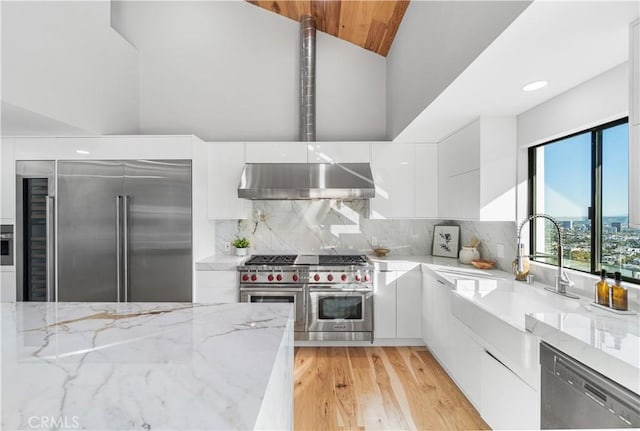 kitchen with premium appliances, range hood, modern cabinets, and white cabinetry
