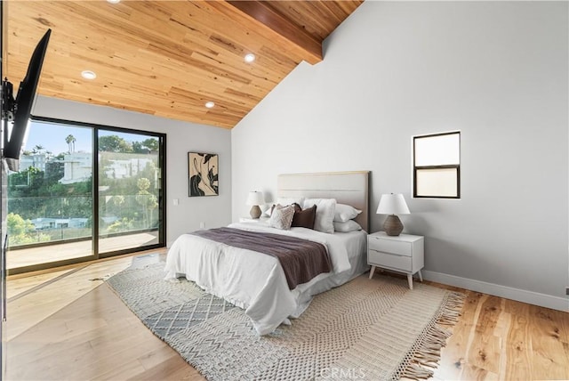 bedroom featuring wooden ceiling, lofted ceiling with beams, recessed lighting, wood finished floors, and access to outside