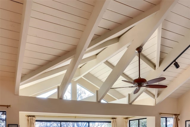 details with wood ceiling, a ceiling fan, and beam ceiling