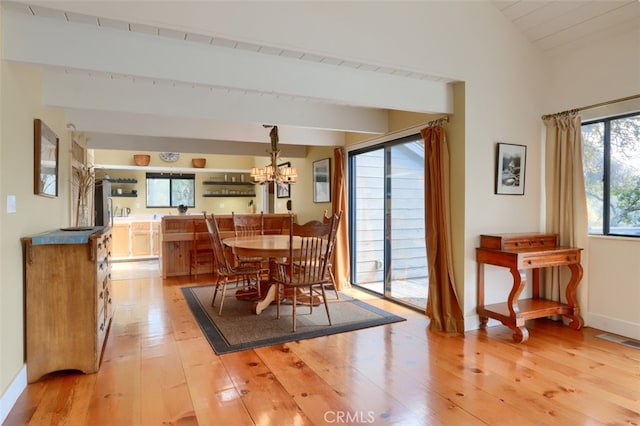 dining area featuring lofted ceiling with beams, light wood-type flooring, baseboards, a notable chandelier, and visible vents