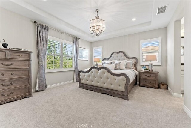 227 Gaspar, Irvine, CA 92618 - bedroom featuring a chandelier, baseboards, carpet flooring, a raised ceiling, and recessed lighting