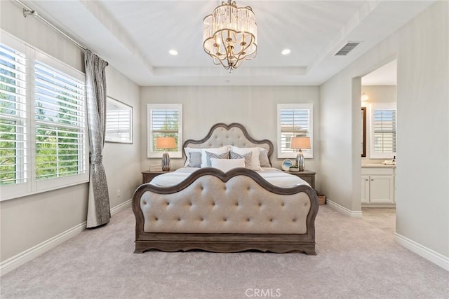 227 Gaspar, Irvine, CA 92618 - bedroom featuring a chandelier, light colored carpet, a raised ceiling, baseboards, and recessed lighting