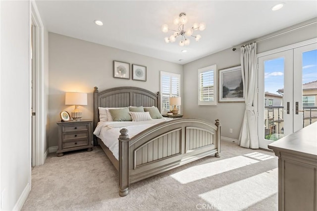 227 Gaspar, Irvine, CA 92618 - bedroom featuring light carpet, access to outside, baseboards, a chandelier, and recessed lighting
